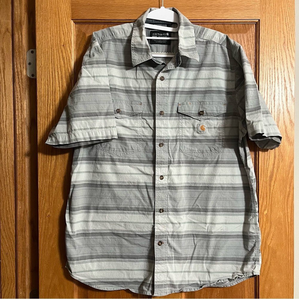 Carhartt Rugged Flex Gray Striped Short Sleeve Button Up Relaxed Fit Sz LG